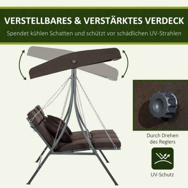  Swing Chair Voor 3 Personen, Verstelbare Zonnekap, Tot 270 Kg, Bruin, 198 X 118 X 168 Cm 4