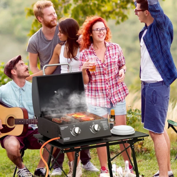  Tafelgrill Gasgrill BBQ Met 2 Branders Mobiele Grillwagen Grillnet Kleine Outdoor Tafel Gasgrill Picknick Met Reduceerslang RVS Zwart 55 X 46,5 X 41 Cm 2