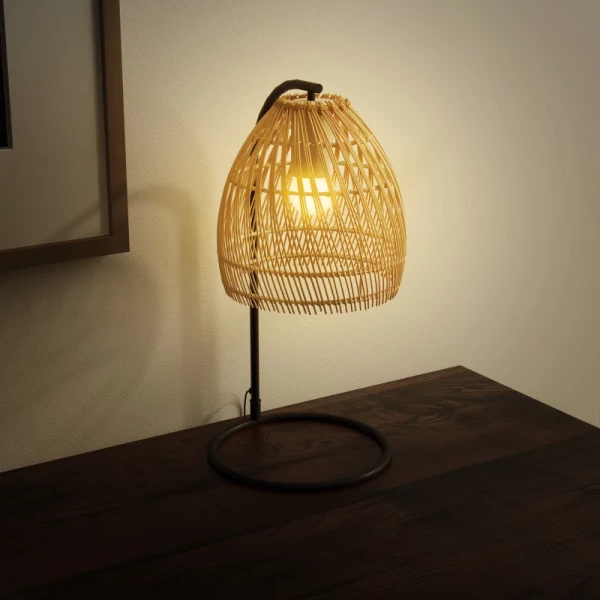 Tafellamp In Boho-stijl, Snoer Van 1,5 M, Lampenkap Van Rotan, 20 Cm X 20 Cm X 41 Cm, Zwart + Naturel 2