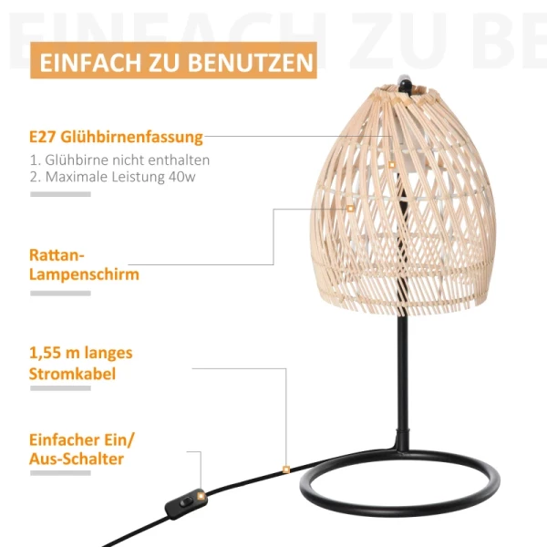  Tafellamp In Boho-stijl, Snoer Van 1,5 M, Lampenkap Van Rotan, 20 Cm X 20 Cm X 41 Cm, Zwart + Naturel 6