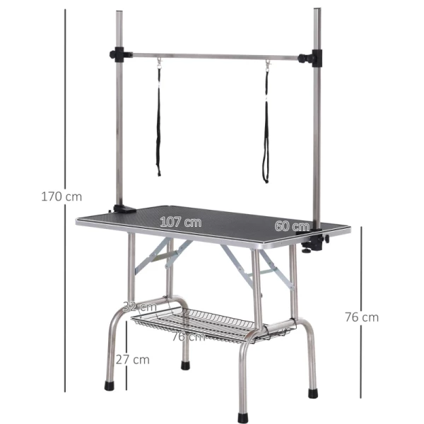  Trimtafel, Dierentrimtafel, Scheertafel, Trimtafel Met Ondermand Voor Honden, In Hoogte Verstelbaar, Opklapbaar, Roestvrij Staal, Metaal, Zwart, 107 X 60 X 170 Cm 3