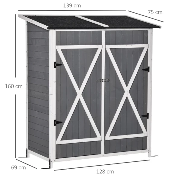  Tuinkast Gereedschapsschuur Met 2 Deuren Gereedschapskast Met Asfaltdak Tuinopbergkast Anti-kiep Design Met Grondspijkers Vurenhout Grijs + Wit 139 X 75 X 160 Cm 3