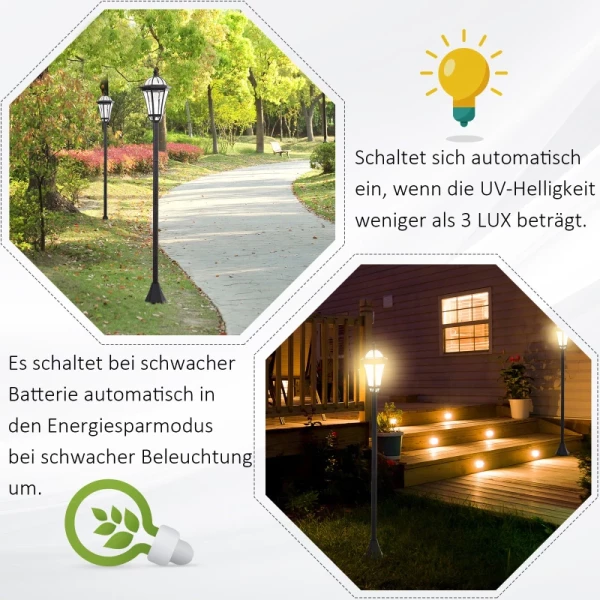  Tuinlantaarn Op Zonne-energie, Set Van 2, Tuinverlichting, Padverlichting Met LED, 6 Uur, ABS Zwart Ø18,5 X H129 Cm 7