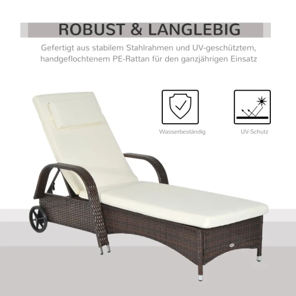  Tuinligstoel Ligstoel Rotan Ligstoel Tuinmeubel Mobiel Met Kussens En Wielen, Polyrattan + Metaal, Koffiebruin, 200 X 73 X 30-103cm 4