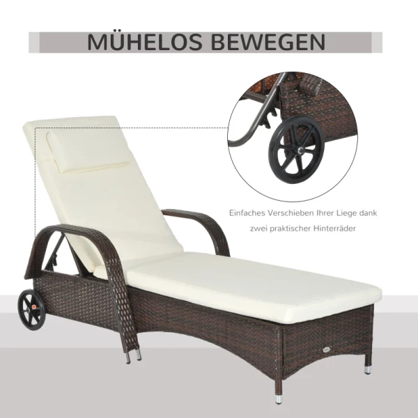  Tuinligstoel Ligstoel Rotan Ligstoel Tuinmeubel Mobiel Met Kussens En Wielen, Polyrattan + Metaal, Koffiebruin, 200 X 73 X 30-103cm 7