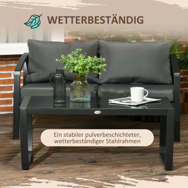  Tuinmeubelset 1 Glazen Tafel 1 Bank 2 Fauteuils Weerbestendig Grijs + Zwart 6