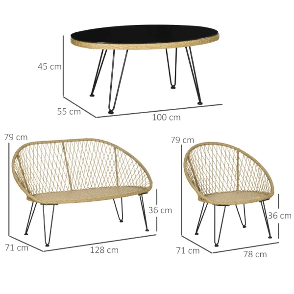  Tuinmeubelset, 4 Stuks, Rotan Look, Ovale Tafel, Twee Stoelen, Tweezitter, Met Zitkussens, Staal, Beige 3