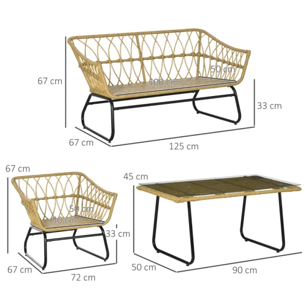  Tuinmeubelset, 4 Stuks, Rotan Look, Rechthoekige Tafel, Twee Stoelen, Tweezitter, Met Zitkussens, Zandkleur 3