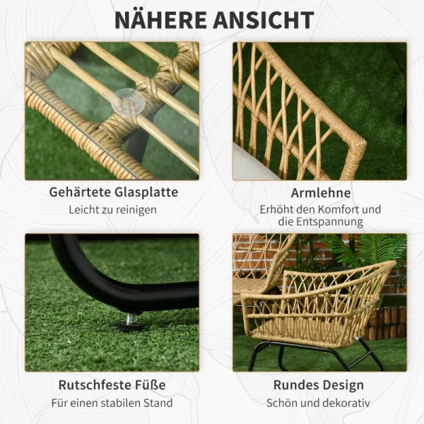  Tuinmeubelset, 4 Stuks, Rotan Look, Rechthoekige Tafel, Twee Stoelen, Tweezitter, Met Zitkussens, Zandkleur 6