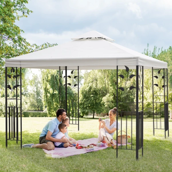  Tuinpaviljoen Met Bladmotief 2,95 X 2,95 M Stalen Frame Dubbel Dak Ademend Partytent Partytent Polyester Crème Wit 2