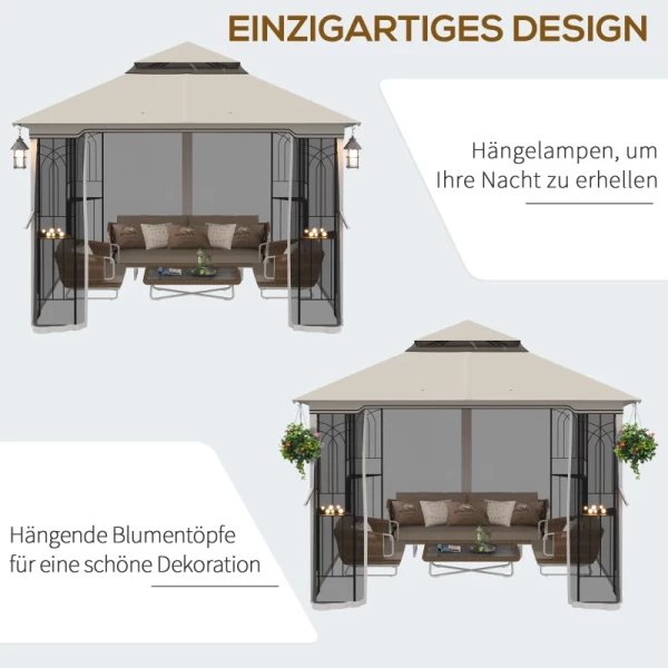  Tuinpaviljoen Met Dubbel Dak Tuinpaviljoen Partytent Partytent Met 4 X Zijwanden Metaal + Polyester Beige 2,99 X 2,99 X 2,74 M 7