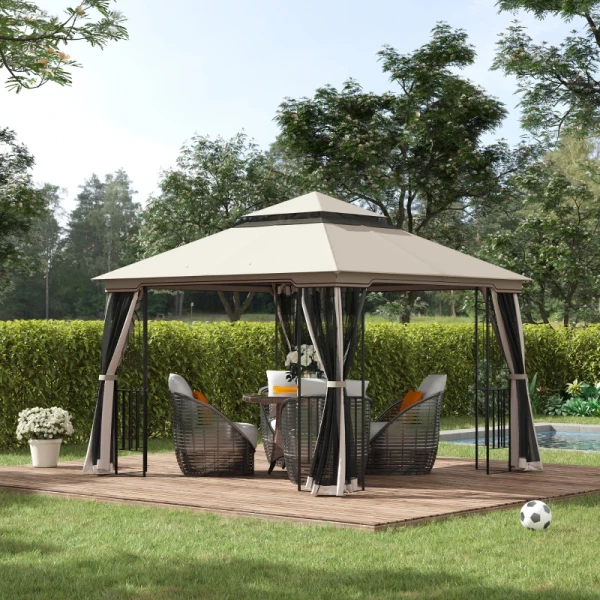  Tuinpaviljoen Met Dubbel Dak Tuinpaviljoen Partytent Partytent Met 4 X Zijwanden Metaal + Polyester Beige 2,99 X 2,99 X 2,74 M 10