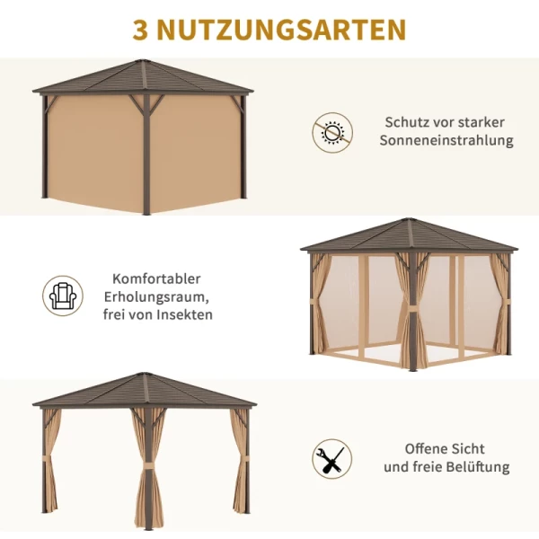  Tuinpaviljoen Met Metalen Dak 3 X 3 X 2,6 M 4 Gordijnen Weerbestendig Aluminium Bruin 7