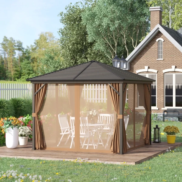  Tuinpaviljoen Met Metalen Dak 3 X 3 X 2,6 M 4 Gordijnen Weerbestendig Aluminium Bruin 10