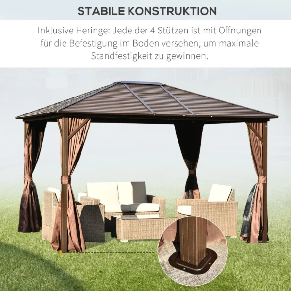  Tuinpaviljoen Met Metalen Dak 3 X 3,7 X 2,6 M 4 Gordijnen Weerbestendig Aluminium Bruin 6