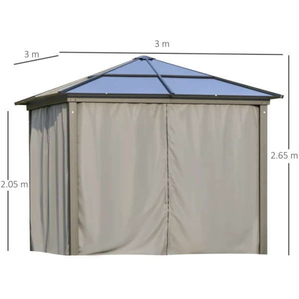  Tuinpaviljoen Met Polycarbonaat Dak, Gordijnen Met Hor, Aluminium Frame, Bruin+beige, 3 X 3 X 2,6 M 3