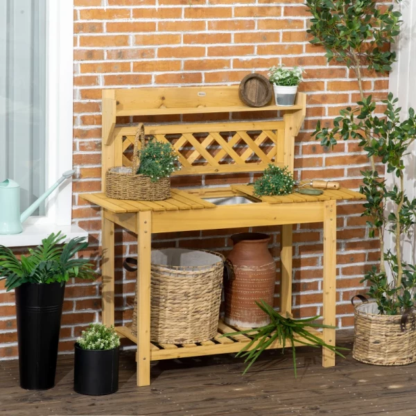  Tuinwerktafel, Geïntegreerde Roestvrijstalen Spoelbak, 2 Planken, Massief Hout, Bruin, 92 X 45 X 120 Cm 6