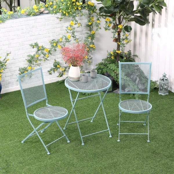  Tuinzitgroep 3-delige Bistroset Set 1 Tafel + 2 Klapstoelen Voor Terras Balkon Metaal Blauw 2