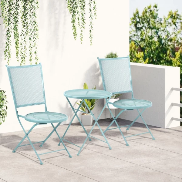  Tuinzitgroep 3-delige Bistroset Set 1 Tafel + 2 Klapstoelen Voor Terras Balkon Metaal Blauw 9