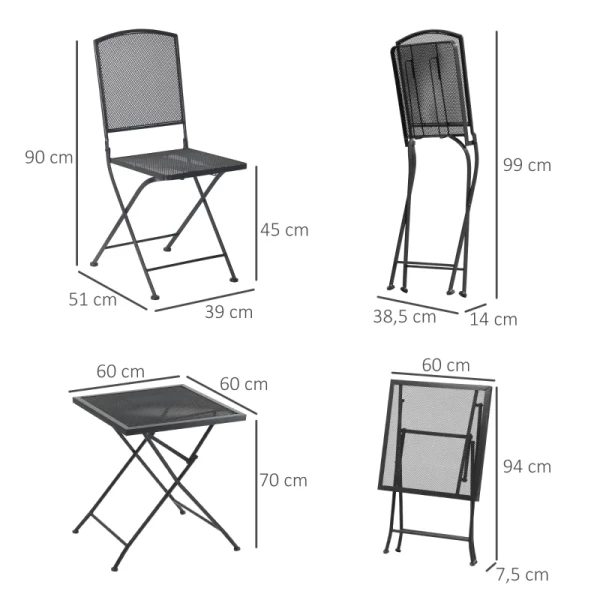  Tuinzitgroep 3-delige Bistroset Set 1 Tafel + 2 Klapstoelen Voor Terras Balkon Metaalgrijs 3