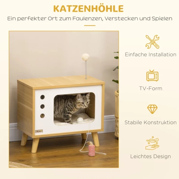  Tv-design Kattengrot Inclusief Speelgoed, Wasbaar Kussen, 50 Cm X 28 Cm X 43 Cm, Eiken + Beige + Wit 7