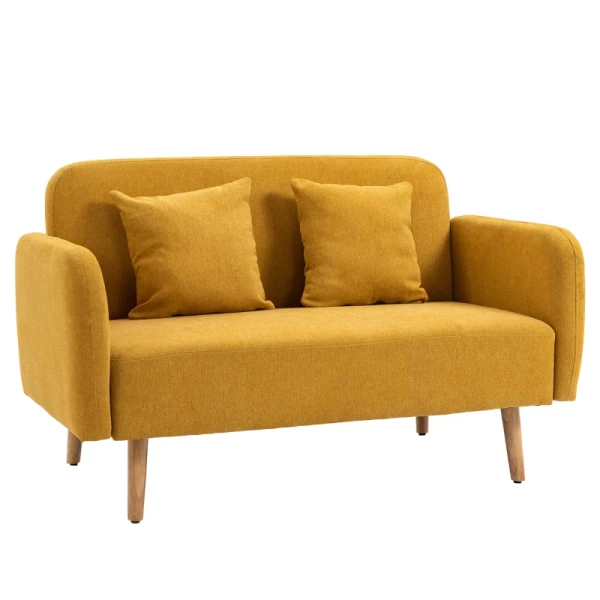 Tweezitsbank Bekleding Met Kussens Stof Loveseat Compact Design Moderne Tweezits In Hoogte Verstelbare Voetsteunen Fluweelachtig Polyester Rubber Houtschuim Natuur + Geel 130 X 70 X 80 Cm 1