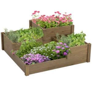  Verhoogd Bed 4 Plantenbakken Op 3 Niveaus Weerbestendig Massief Hout 122cm X 122cm X 51cm Naturel 1