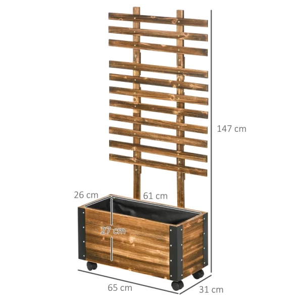  Verhoogd Tuinbed Met Latwerk, 4 Zwenkwielen, Behandeld Massief Hout, 65cm X 31cm X 147cm, Zwart + Bruin 3