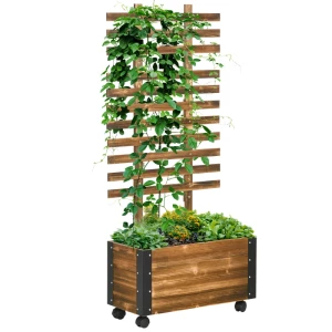  Verhoogd Tuinbed Met Latwerk, 4 Zwenkwielen, Behandeld Massief Hout, 65cm X 31cm X 147cm, Zwart + Bruin 1