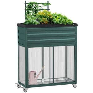  Verhoogd Tuinbed Met Latwerk Schuifdeuren RVS Frame Groen 85 X 40 X 135cm 1