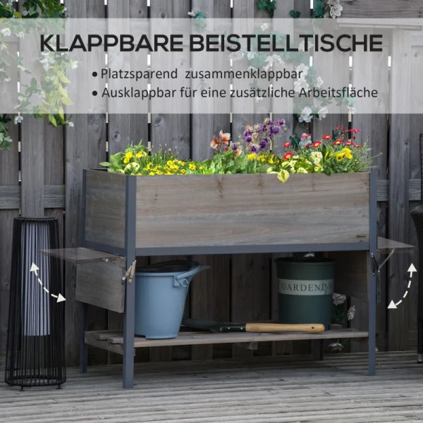  Verhoogde Plantenbak Met 2 Opklapbare Planken, Onderste Plank, Bloembak, Bloempot, Kruidenbed, Massief Hout, Lichtgrijs, 140 X 46 X 75,5 Cm 5