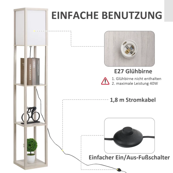  Vloerlamp Vloerlamp Met 3 Planken Binnenverlichting E27 Tot 40W Voor Woonkamer/slaapkamer E1-MDF, Acryl Eiken+wit 26 X 26 X 160 Cm 5