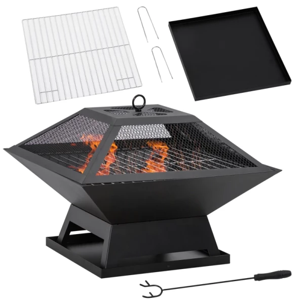 Vuurschaal Met Vonkenbescherming Grillrooster Poker Vuurkorf Vuurkorf Voor Tuin Camping BBQ Staal Zwart 45 X 45 X 34 Cm 1