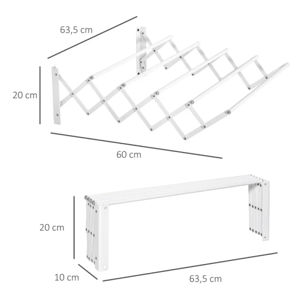  Wanddroogrek Voor Wandmontage, Wandwasdroger, Uitschuifbaar, Opvouwbaar, Ruimtebesparend Kledingrek Voor Kleine Huishoudens, Voor Binnen En Buiten, Metaal, Wit, 63,5 X 60 X 20 Cm 3