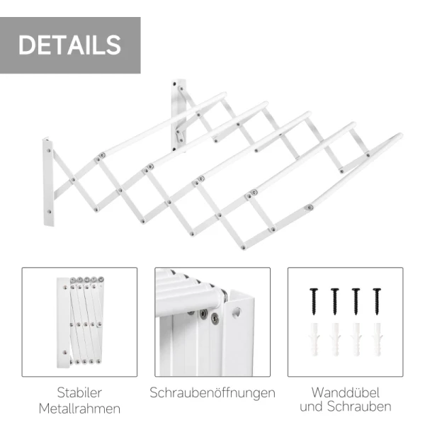  Wanddroogrek Voor Wandmontage, Wandwasdroger, Uitschuifbaar, Opvouwbaar, Ruimtebesparend Kledingrek Voor Kleine Huishoudens, Voor Binnen En Buiten, Metaal, Wit, 63,5 X 60 X 20 Cm 6