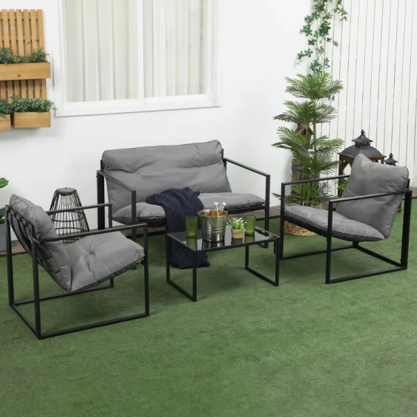 Tuinmeubelset , 1 Glazen Tafel, 2 Fauteuils. 1 Weerbestendige Bank 114 Cm X 70 Cm X 67 Cm Grijs + Zwart 2