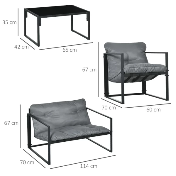 Tuinmeubelset , 1 Glazen Tafel, 2 Fauteuils. 1 Weerbestendige Bank 114 Cm X 70 Cm X 67 Cm Grijs + Zwart 3