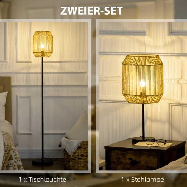 2-delige Lampenset. 1 Vloerlamp, 1 Tafellamp, 38 Cm X 38 Cm X 158 Cm, Naturel + Zwart 4