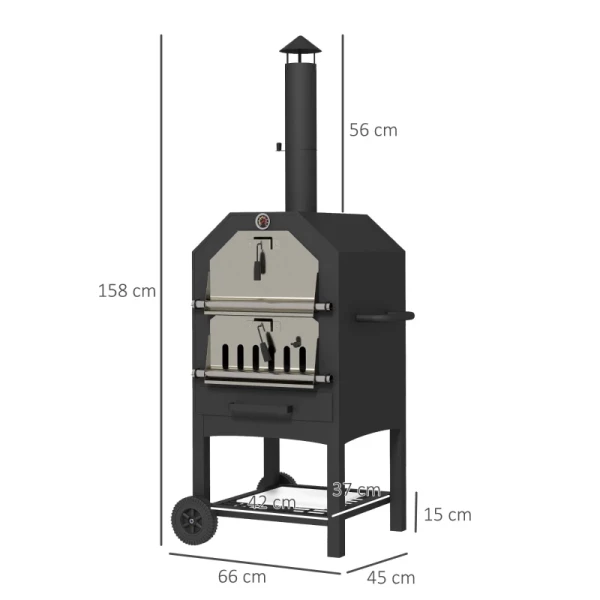 2-in-1 Outdoor Pizzaoven, Met Pizzasteen, Ascompartiment, 2x Grillrooster, Thermometer, Roestvrij, Zwart 3