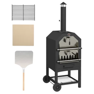 2-in-1 Outdoor Pizzaoven, Met Pizzasteen, Ascompartiment, 2x Grillrooster, Thermometer, Roestvrij, Zwart 1