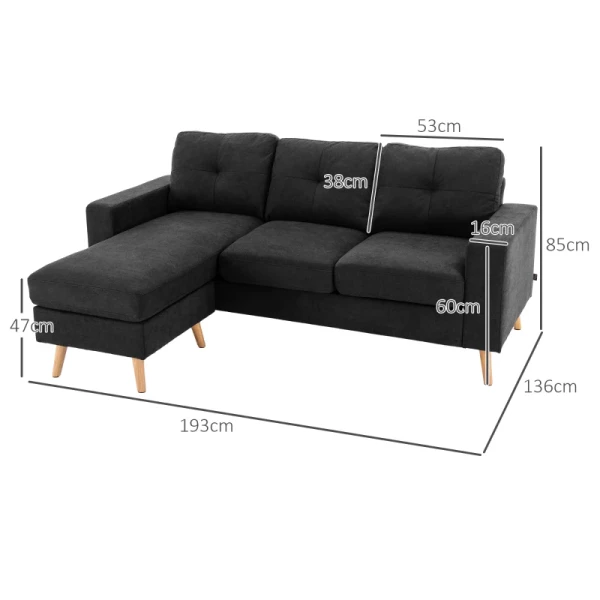 3-zits Hoekbank, Linnenlook, Omkeerbare Chaise Longue, 193x136x85 Cm, Zwart 3