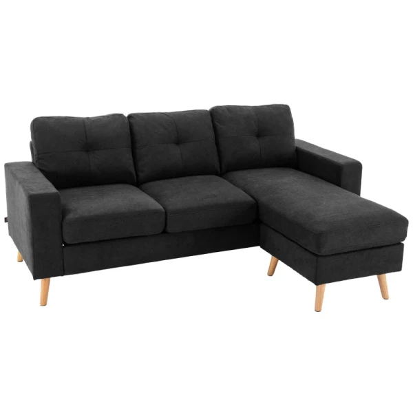 3-zits Hoekbank, Linnenlook, Omkeerbare Chaise Longue, 193x136x85 Cm, Zwart 6