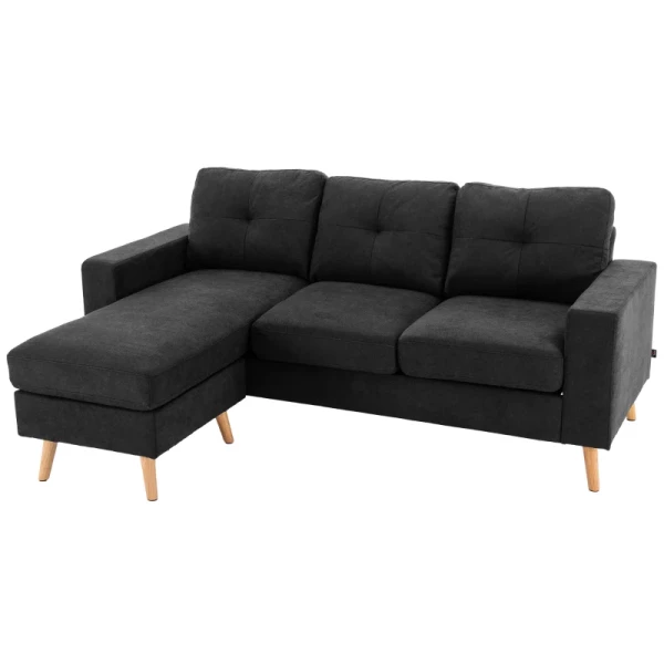 3-zits Hoekbank, Linnenlook, Omkeerbare Chaise Longue, 193x136x85 Cm, Zwart 1