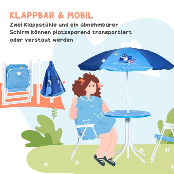 4-delige Tuinmeubelset Voor Kinderen Met Haaienmotief, 1 Schommelbank, 2 Stoelen, 1 Parasol Met Tafel, Blauw 7