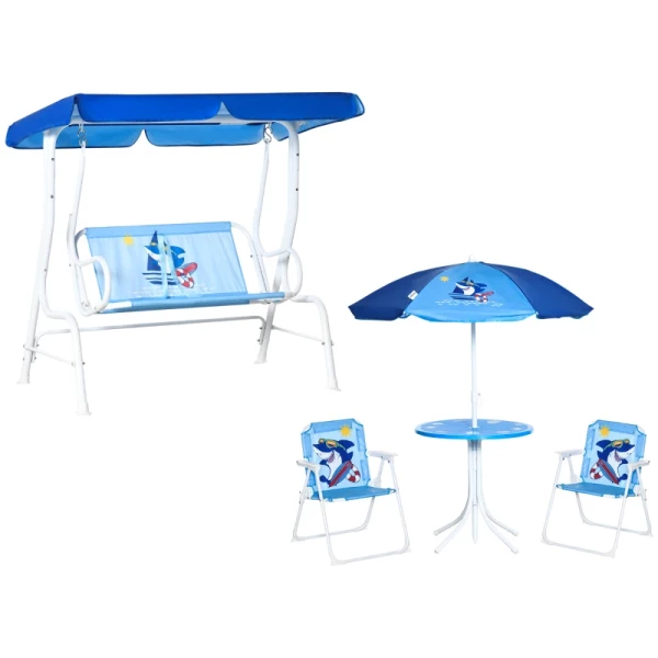 4-delige Tuinmeubelset Voor Kinderen Met Haaienmotief, 1 Schommelbank, 2 Stoelen, 1 Parasol Met Tafel, Blauw 1