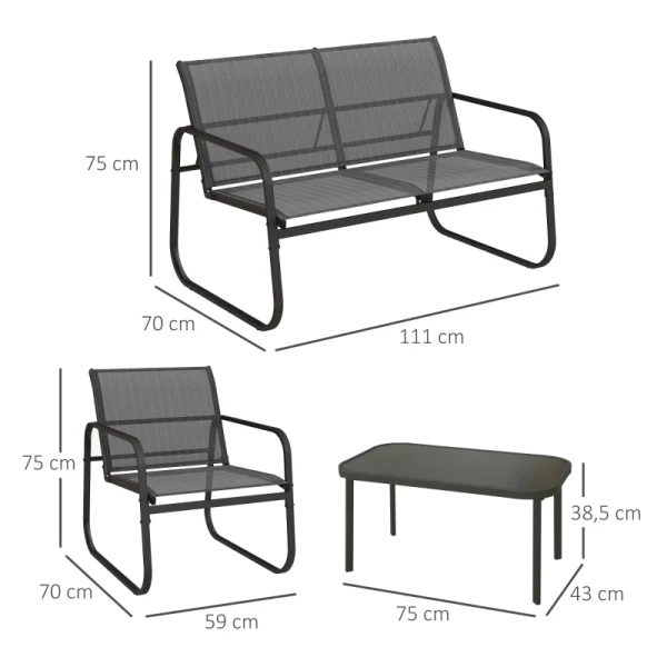 4-delige Tuinset, 2 Fauteuils, 2-zitsbank, Tafel Met Glazen Blad, Ademende Stof, Metalen Frame, Zwart 3