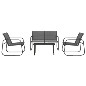 4-delige Tuinset, 2 Fauteuils, 2-zitsbank, Tafel Met Glazen Blad, Ademende Stof, Metalen Frame, Zwart 1