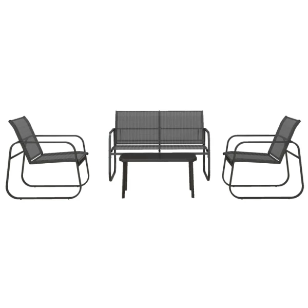 4-delige Tuinset, 2 Fauteuils, 2-zitsbank, Tafel Met Glazen Blad, Ademende Stof, Metalen Frame, Zwart 1