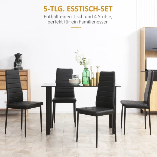 5 Stuks Eetgroep Eettafel Met 4 Stoelen, Modern Design, Glazen Tafel, Zwart 4
