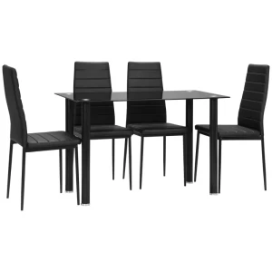 5 Stuks Eetgroep Eettafel Met 4 Stoelen, Modern Design, Glazen Tafel, Zwart 1